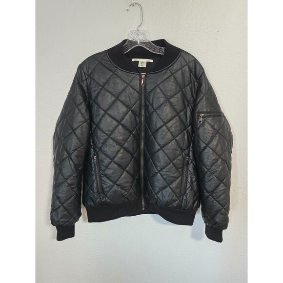 Max Studio Womens  Vegan Leather Jacket Black Quilted Bomber Classic Sz L - Picture 1 of 8